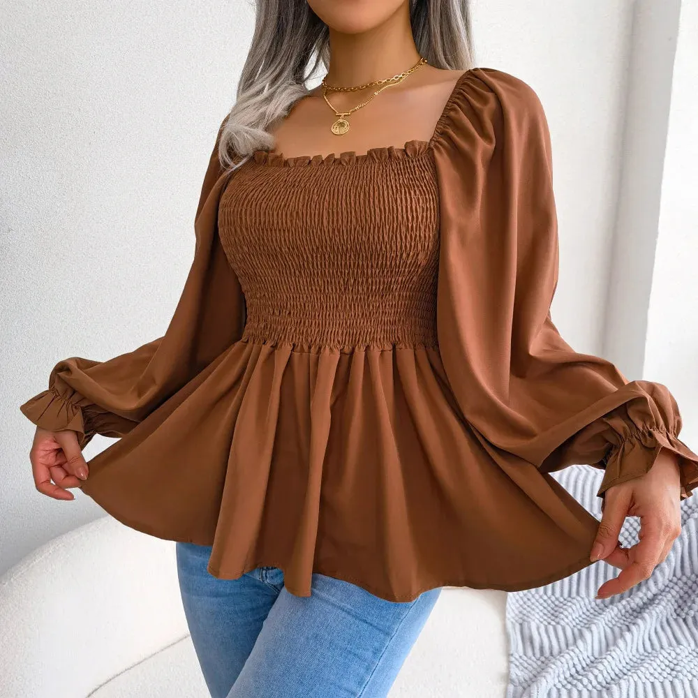 Casual Squared Neck Pleated Ruffle Trim Solid Lantern Sleeve Blouse