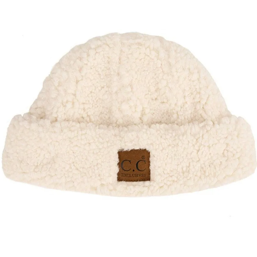 C.C Sherpa Cuff Beanie Hat with C C Suede Logo