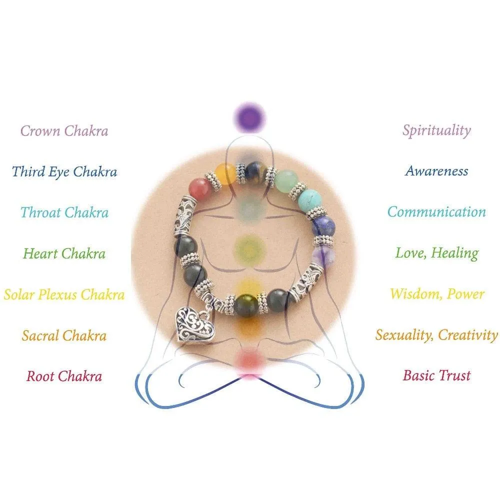 'Chakra' Beads & Heart Charm Stretchy Bracelet