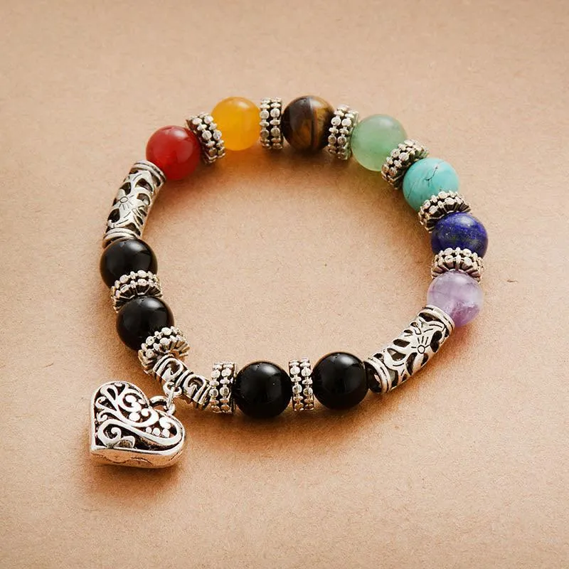 'Chakra' Beads & Heart Charm Stretchy Bracelet