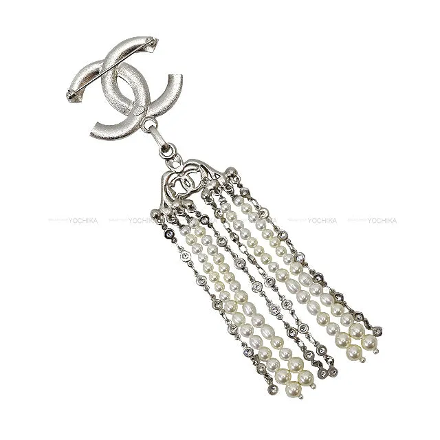 CHANEL broach Rhinestone Cocomark  Paerl Hanging Silver HW[EXCELLENT][Authentic]