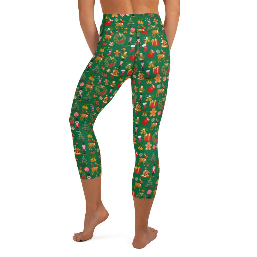 Christmas Joy Holiday Green Yoga Capri Leggings