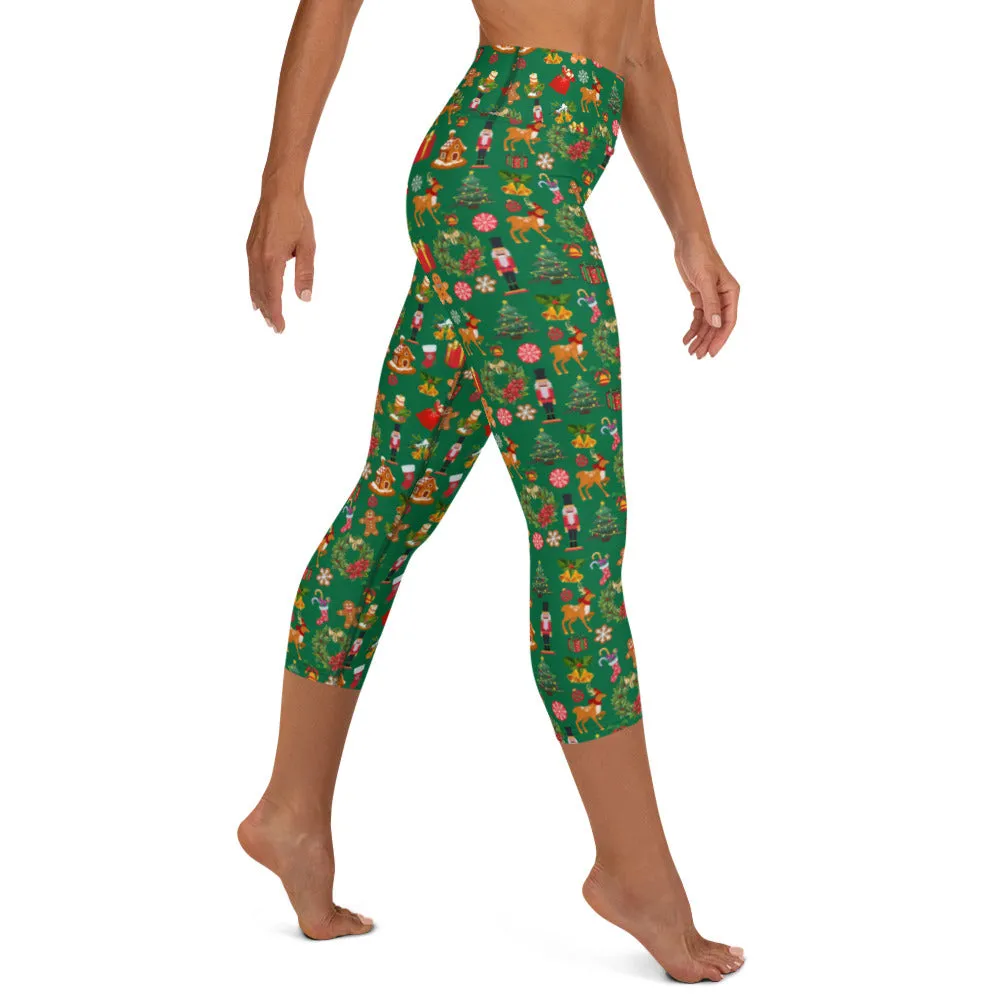 Christmas Joy Holiday Green Yoga Capri Leggings