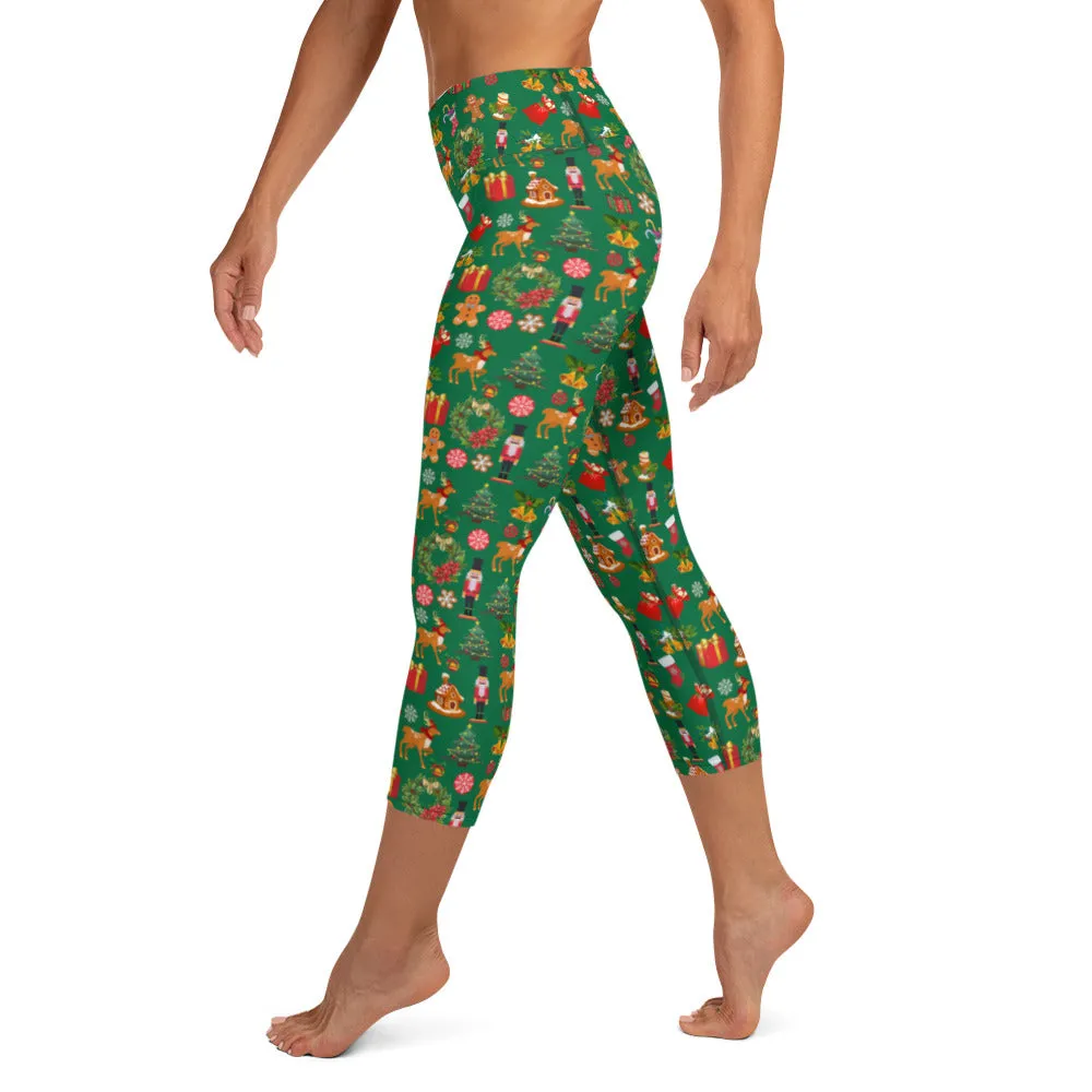 Christmas Joy Holiday Green Yoga Capri Leggings