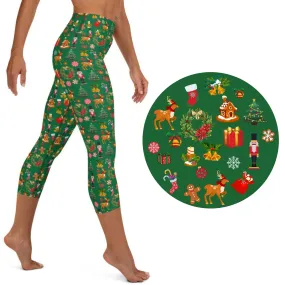 Christmas Joy Holiday Green Yoga Capri Leggings