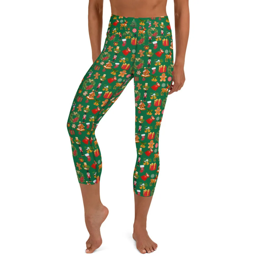 Christmas Joy Holiday Green Yoga Capri Leggings