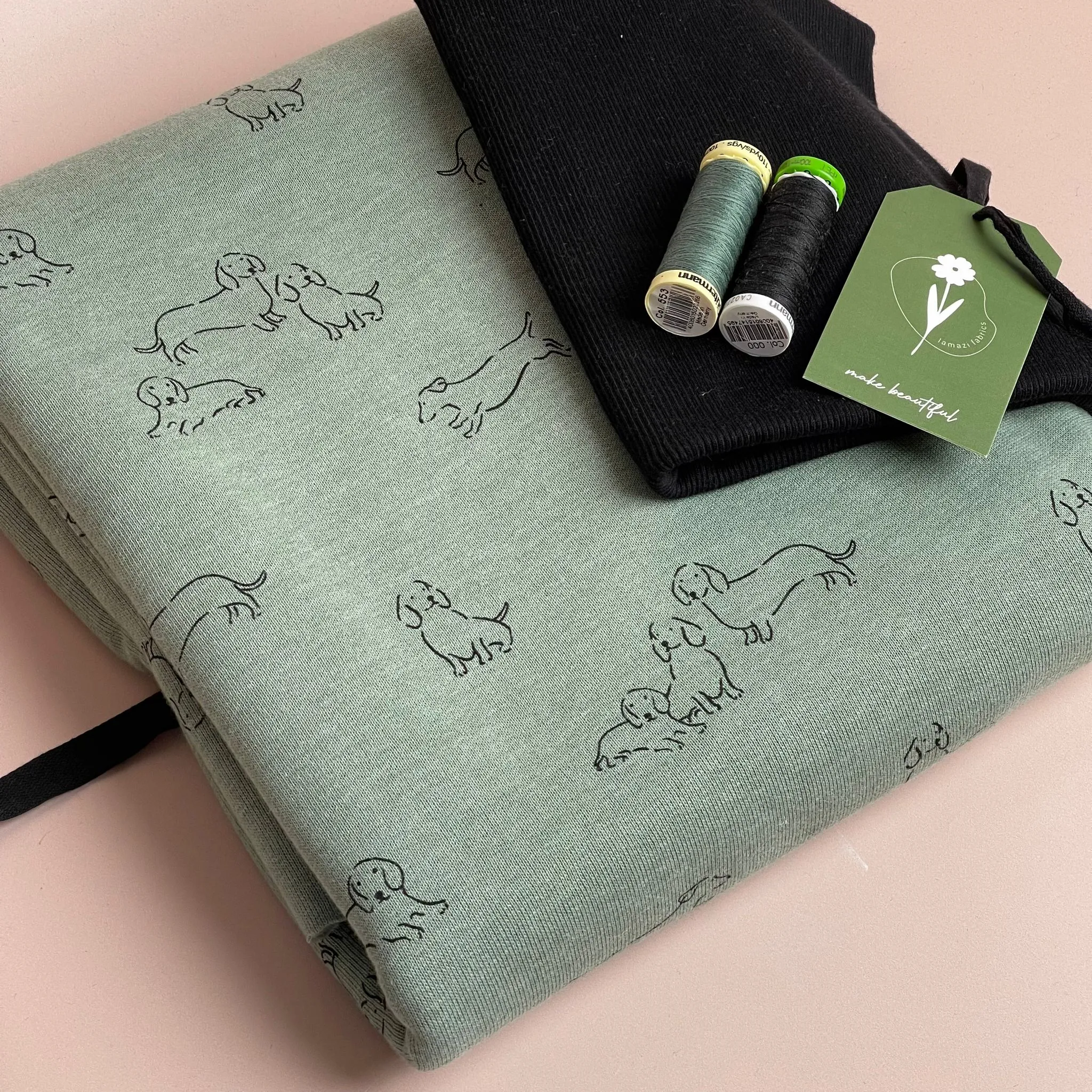 Colour Bundles - Sausage Dogs on Mint Melange Fleecy Sweatshirting and Ribbing