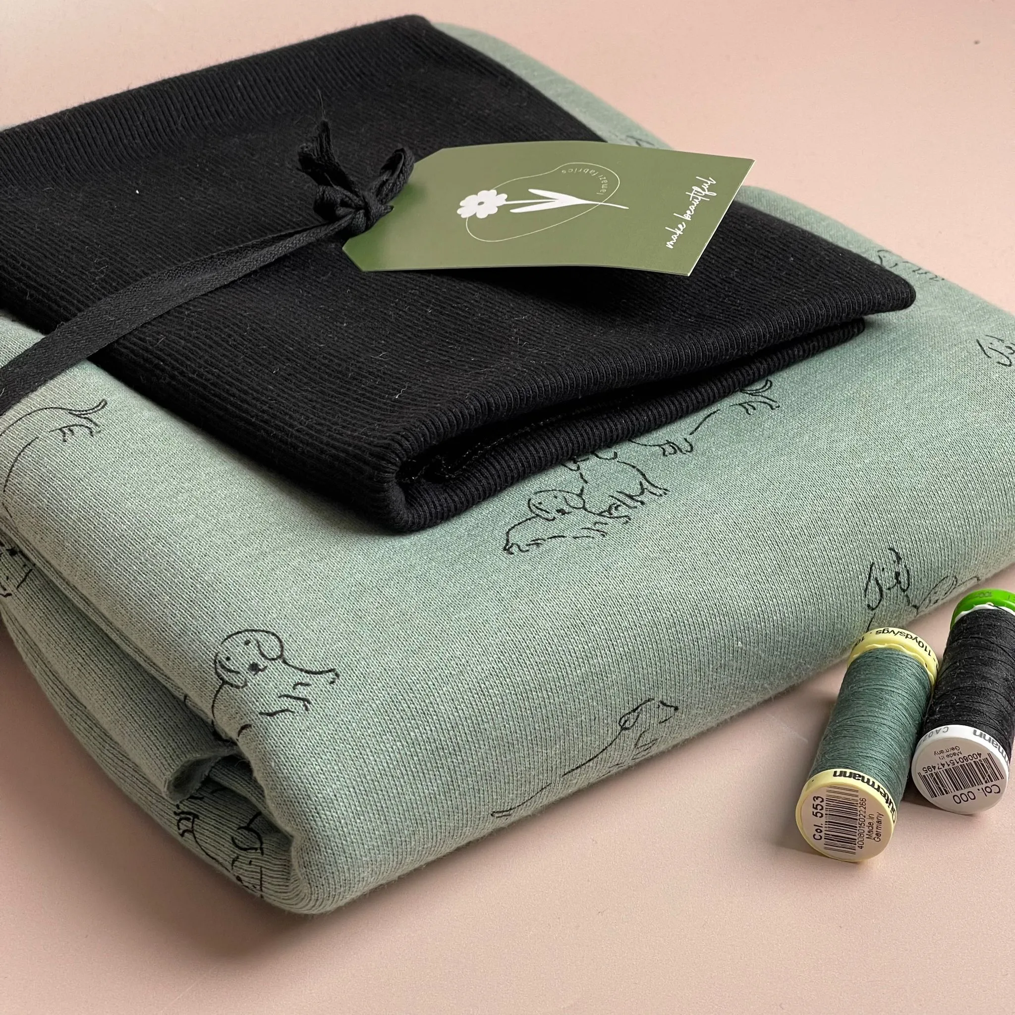 Colour Bundles - Sausage Dogs on Mint Melange Fleecy Sweatshirting and Ribbing