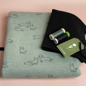 Colour Bundles - Sausage Dogs on Mint Melange Fleecy Sweatshirting and Ribbing