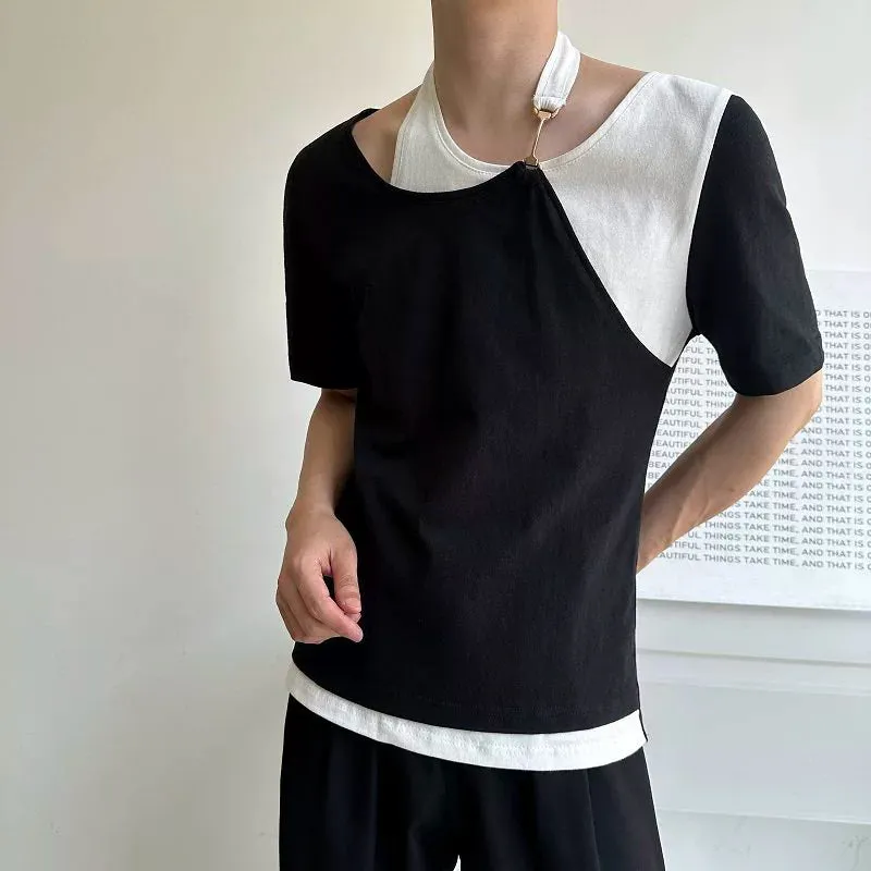 Contrast Color Stitching Fake Two Piece T-shirt