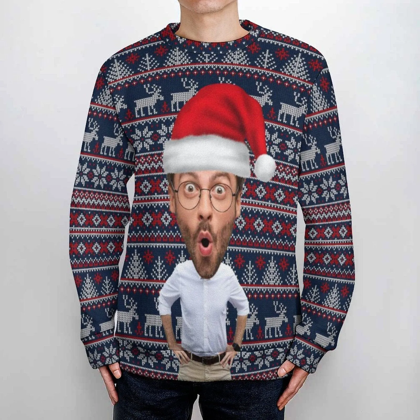 Couple Matching Custom Face Sweater Santa Hat Long Sleeve Ugly Christmas Sweater Tops for Men and Women