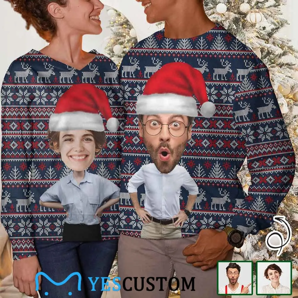 Couple Matching Custom Face Sweater Santa Hat Long Sleeve Ugly Christmas Sweater Tops for Men and Women