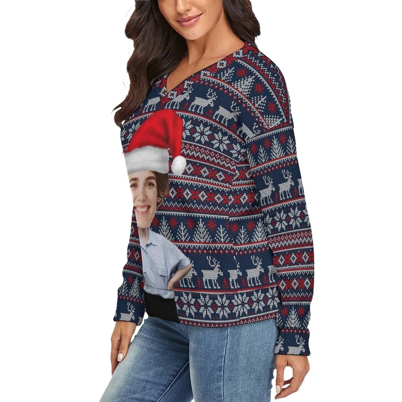 Couple Matching Custom Face Sweater Santa Hat Long Sleeve Ugly Christmas Sweater Tops for Men and Women