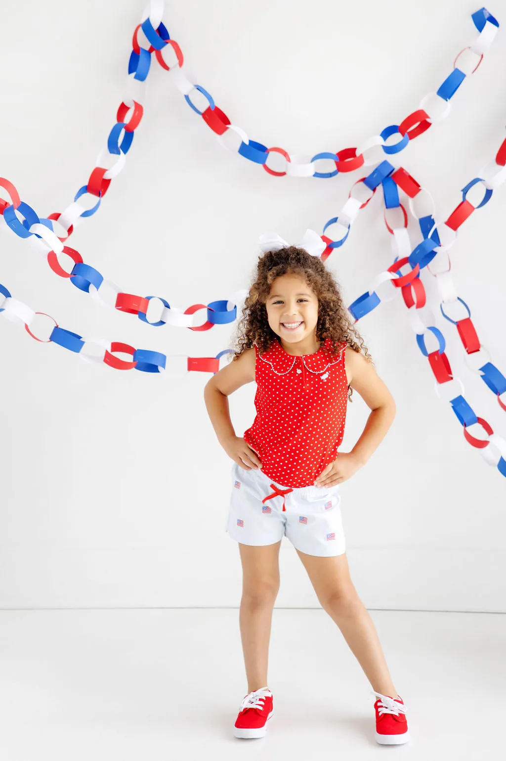 Critter Cheryl Shorts - Buckhead Blue & American Flag Embroidery with Richmond Red Bow