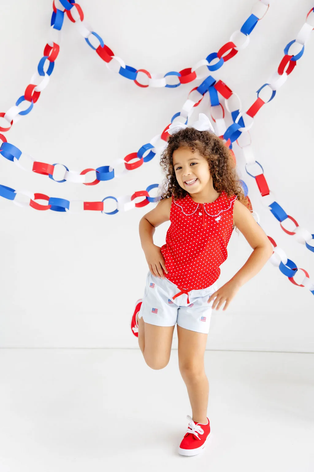 Critter Cheryl Shorts - Buckhead Blue & American Flag Embroidery with Richmond Red Bow