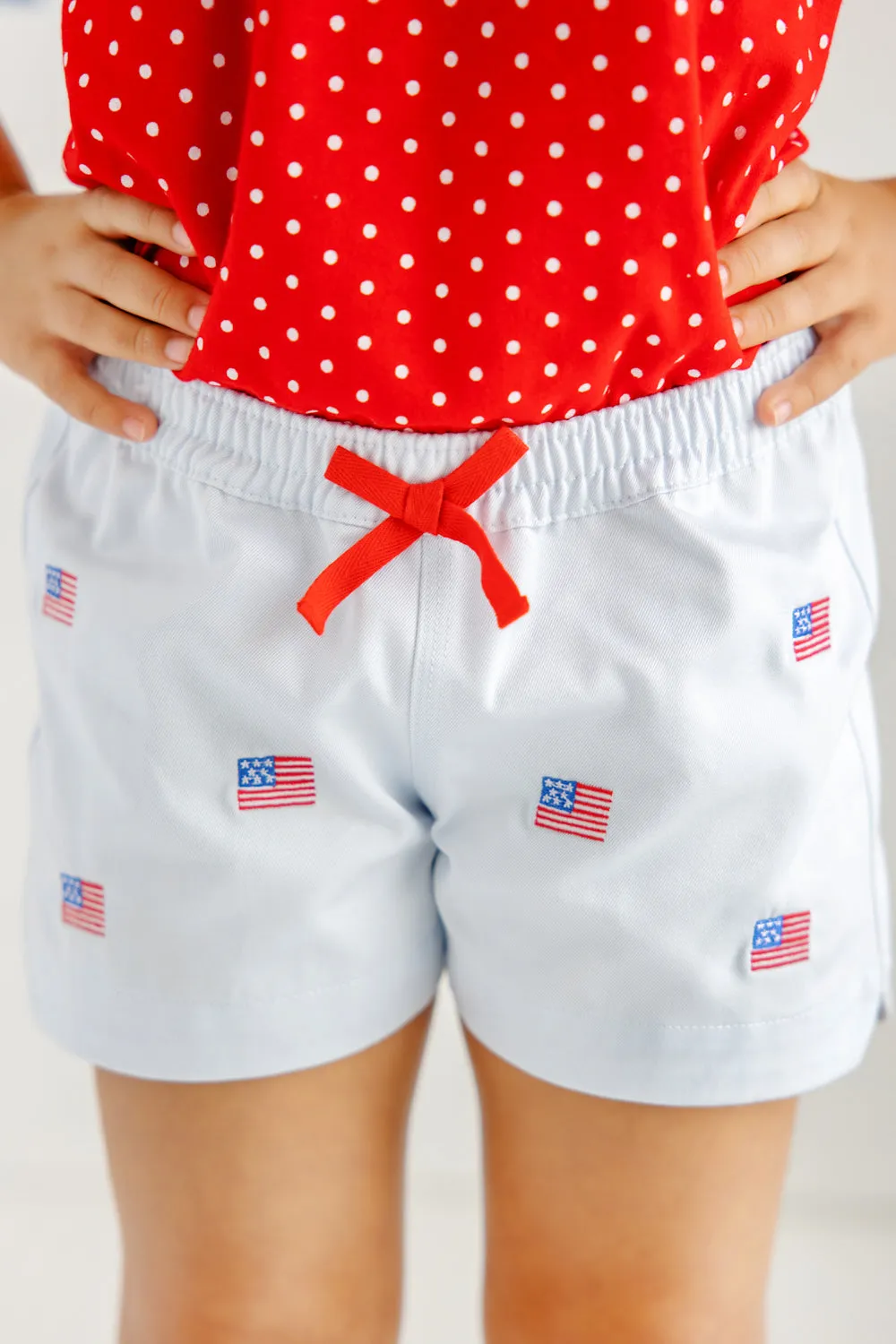 Critter Cheryl Shorts - Buckhead Blue & American Flag Embroidery with Richmond Red Bow