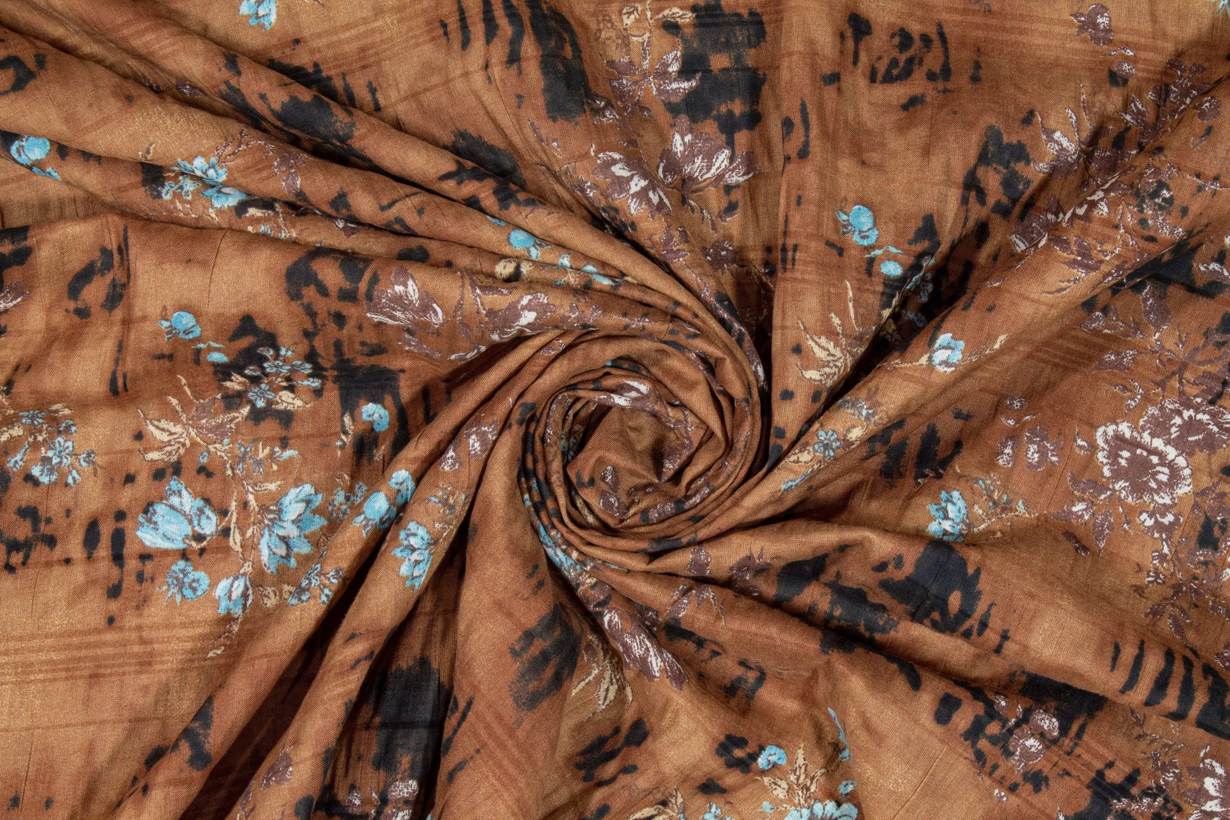 Crushed Abstract Floral Cotton Voile - Brown