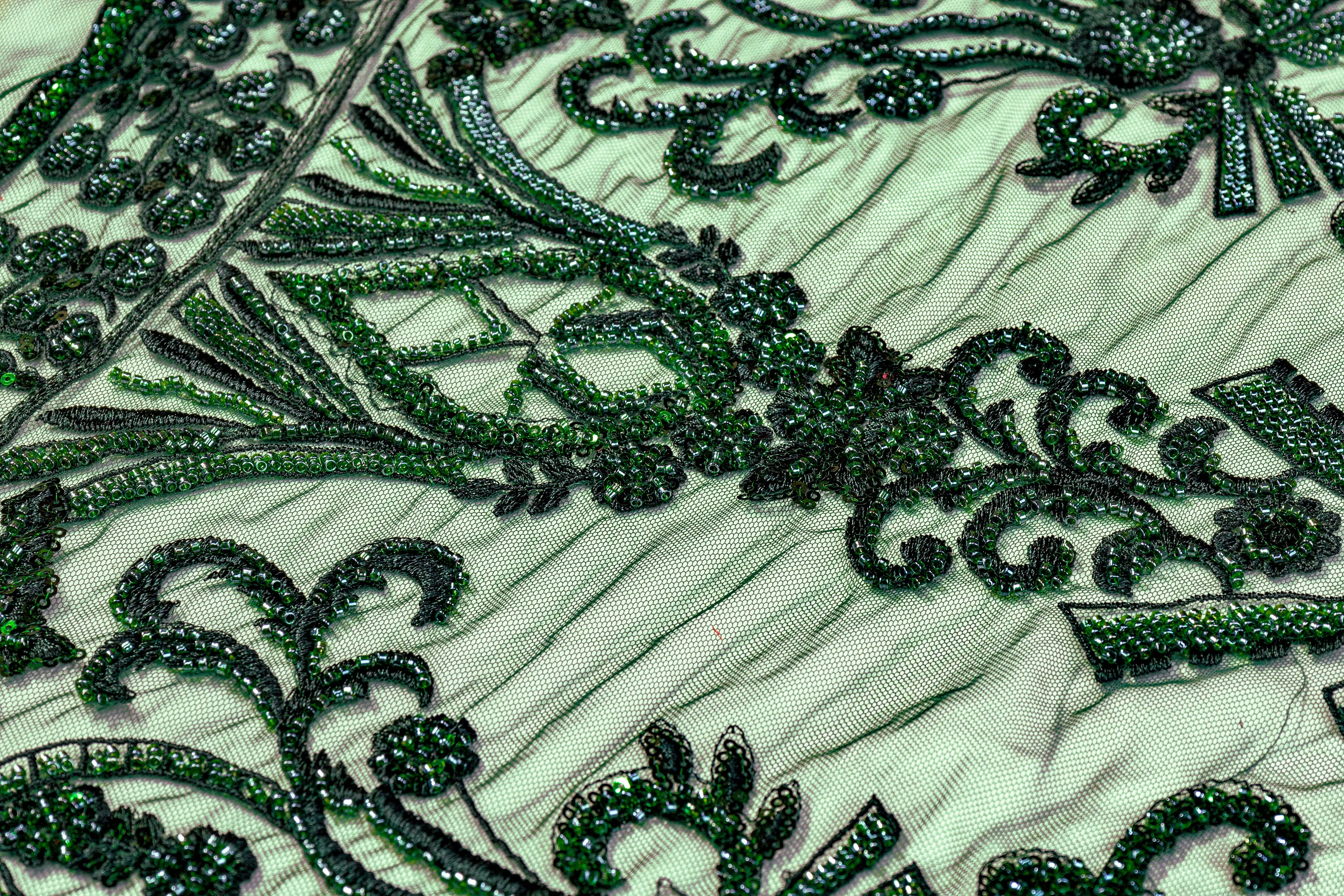 Damask Beaded and Embroidered Tulle - Emerald Green