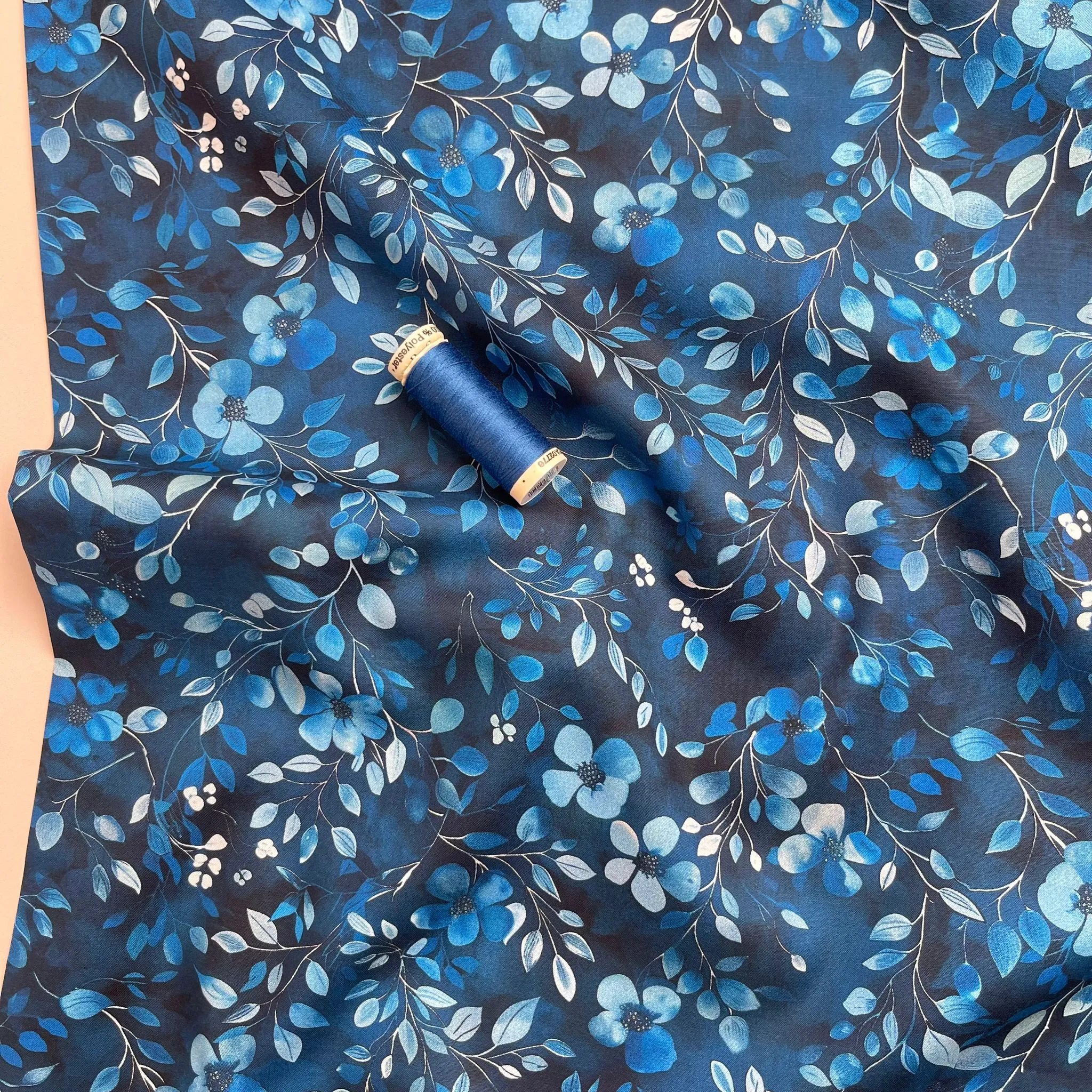 Delicate Cobalt Blooms Cotton Poplin Fabric