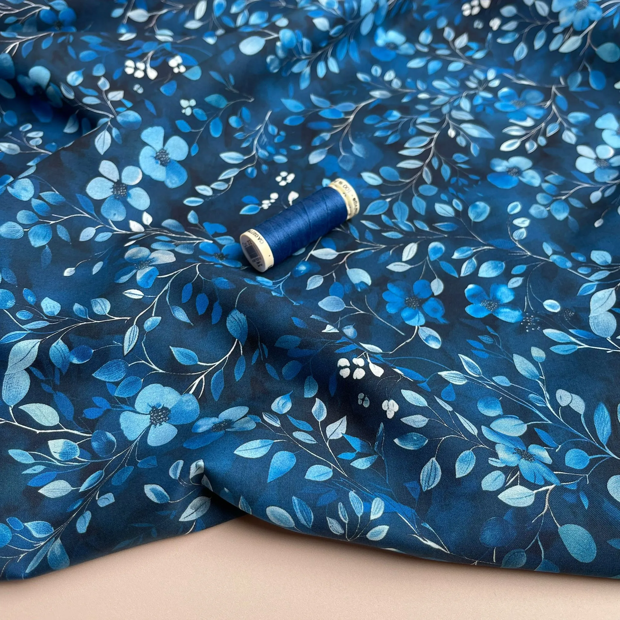 Delicate Cobalt Blooms Cotton Poplin Fabric