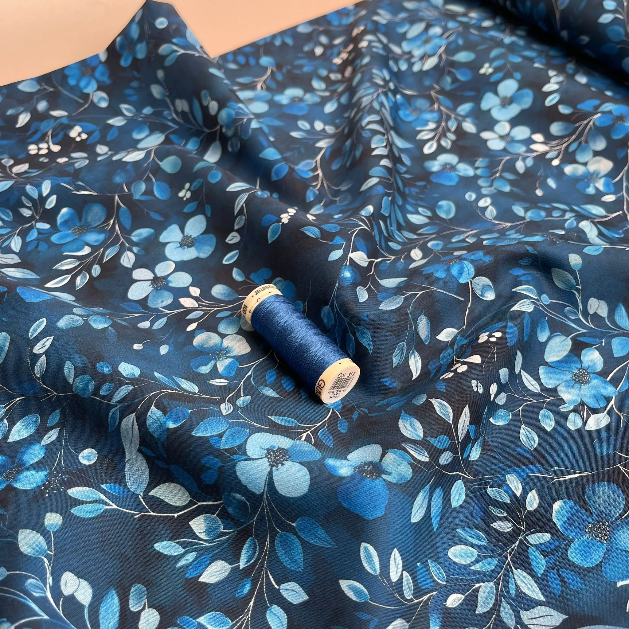 Delicate Cobalt Blooms Cotton Poplin Fabric