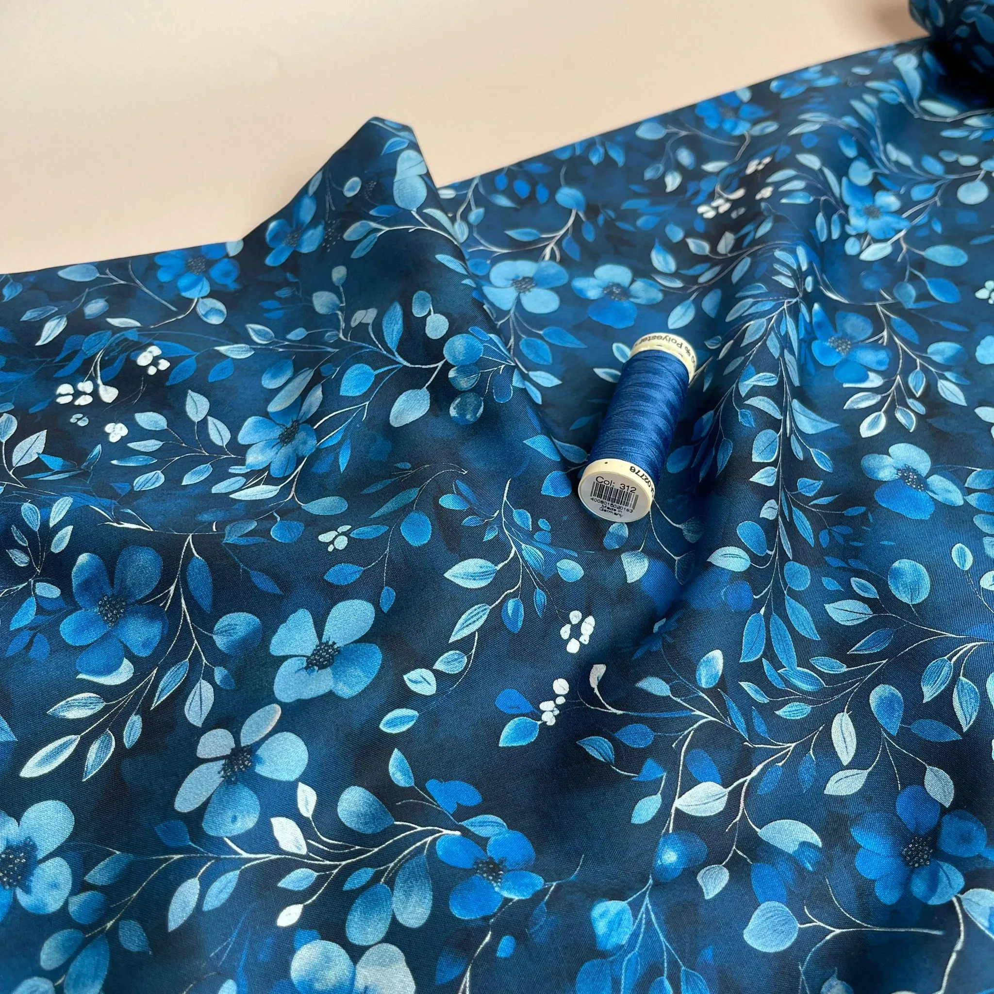 Delicate Cobalt Blooms Cotton Poplin Fabric