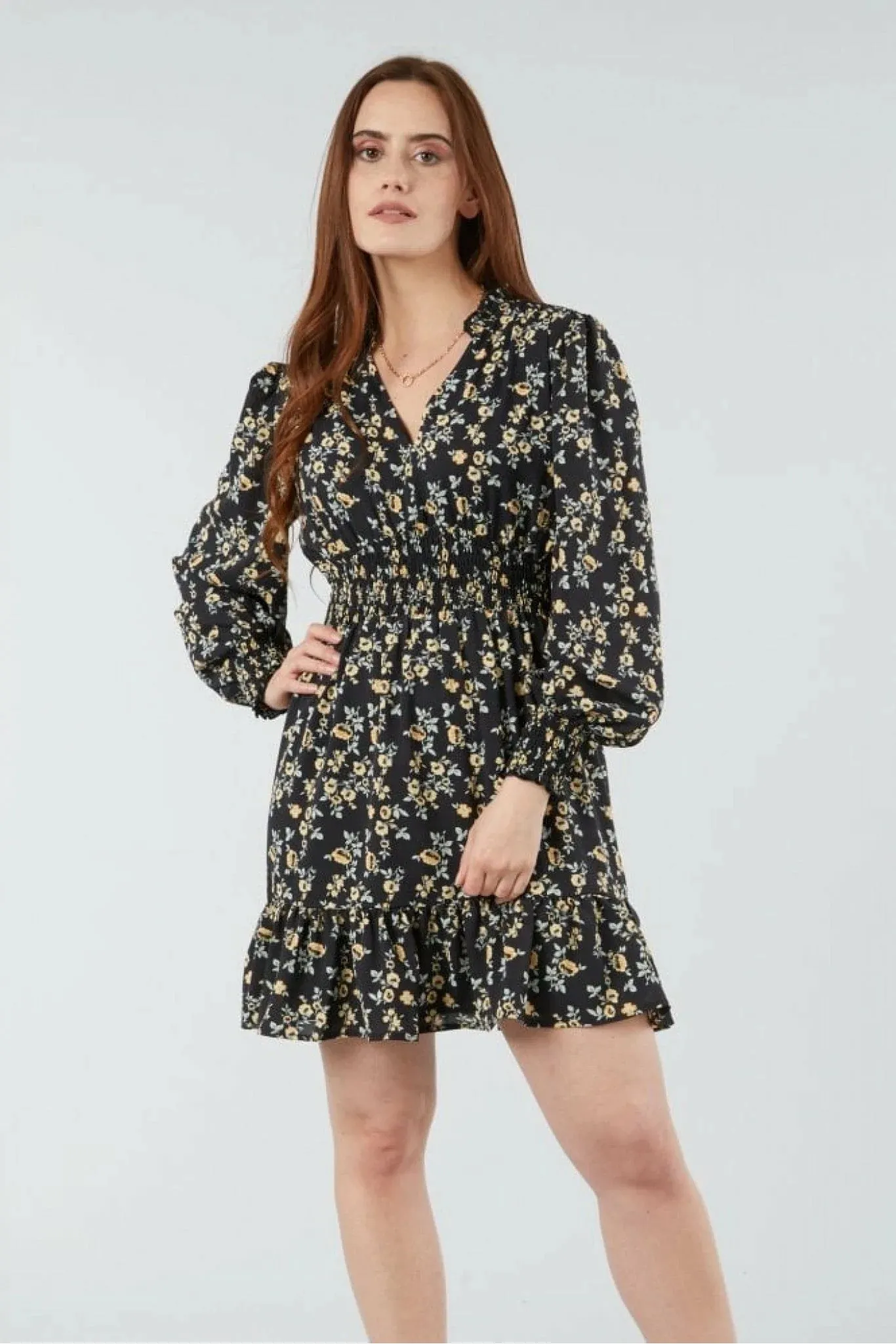 Double Second Black Printed Shirring Waist Dress