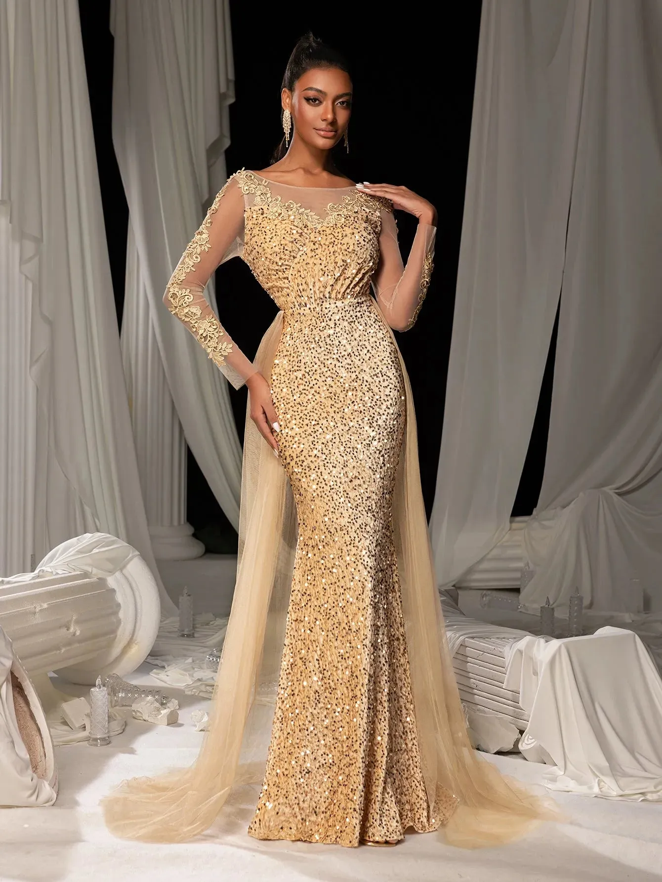 Elegant Sheer Sleeves Mesh Train Sequin Evening Dress