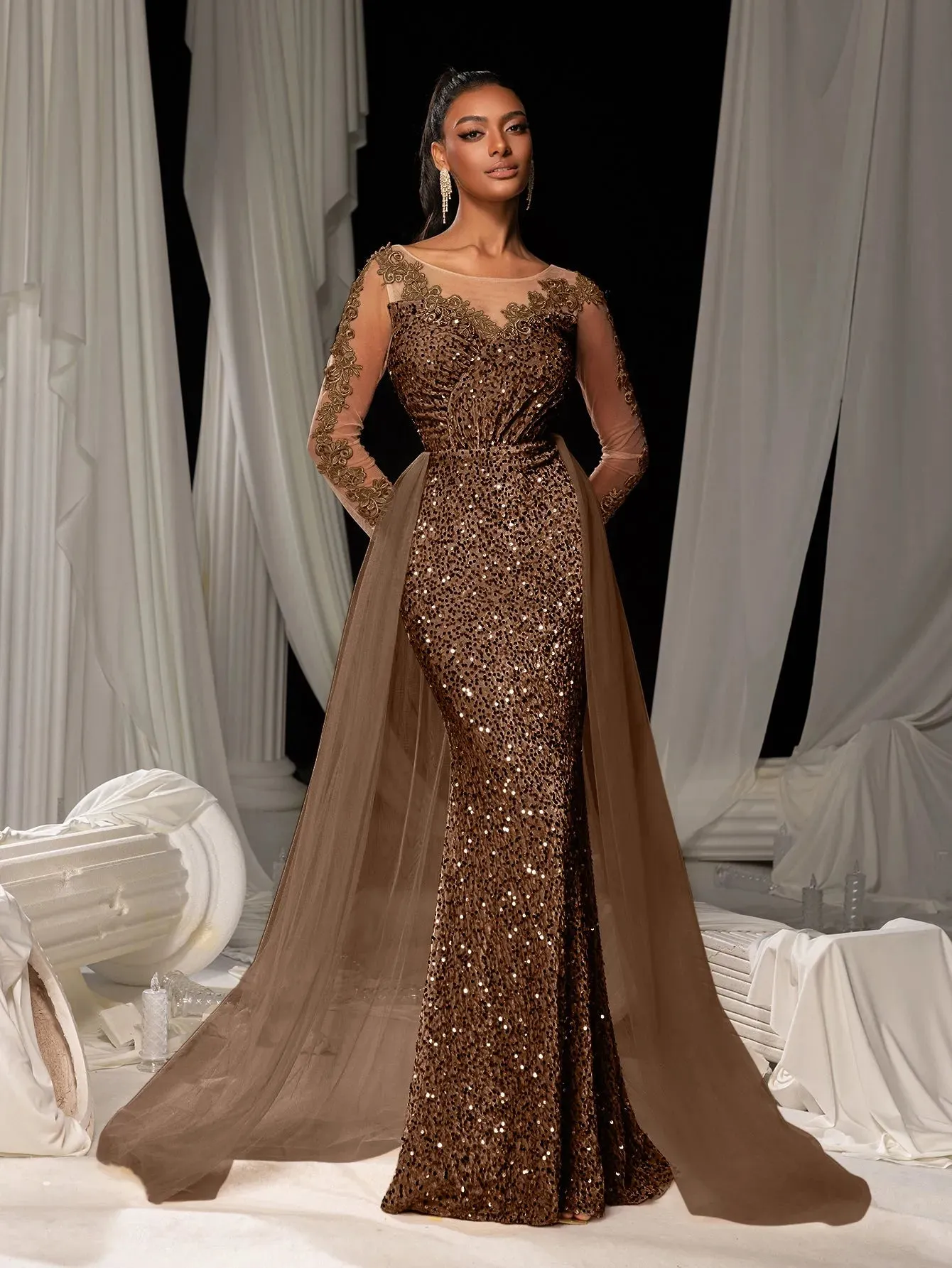 Elegant Sheer Sleeves Mesh Train Sequin Evening Dress