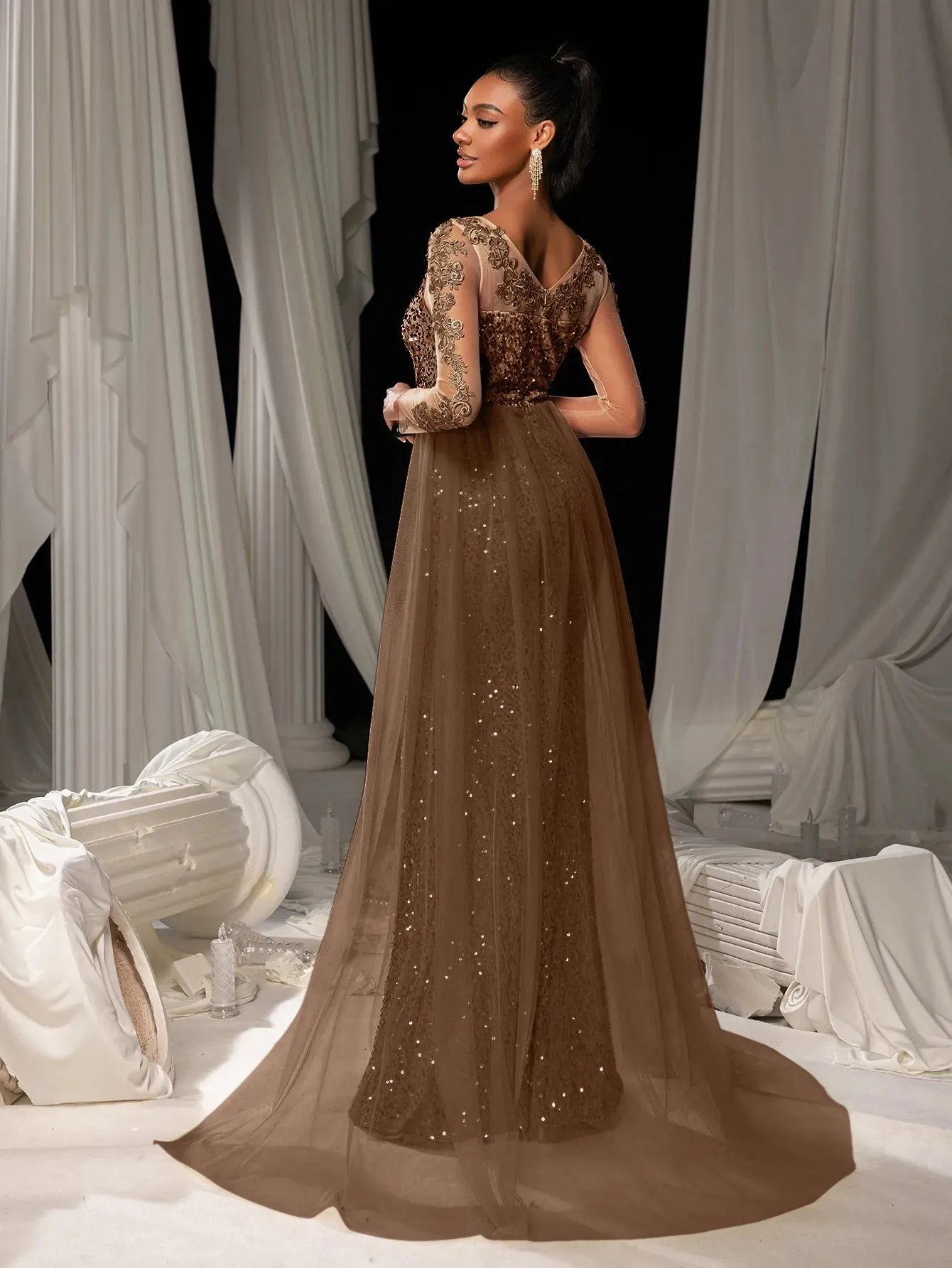 Elegant Sheer Sleeves Mesh Train Sequin Evening Dress