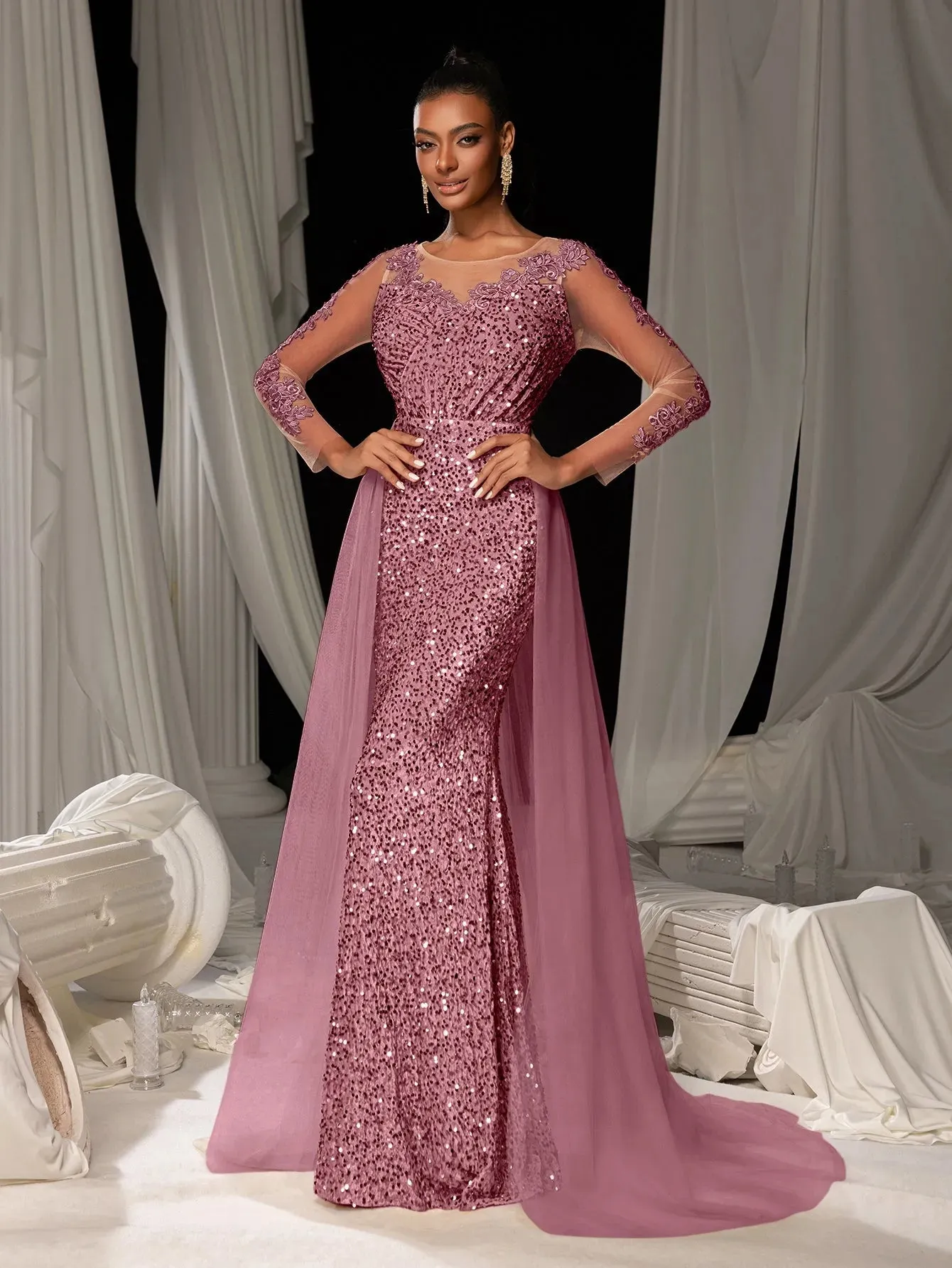 Elegant Sheer Sleeves Mesh Train Sequin Evening Dress