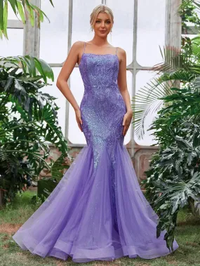 Elegant Spaghetti Strap Mesh Insert Sequin Mermaid Dress