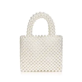 Elegant Top Handle Hand-Woven Pearlized Beaded Clutch Bag - White