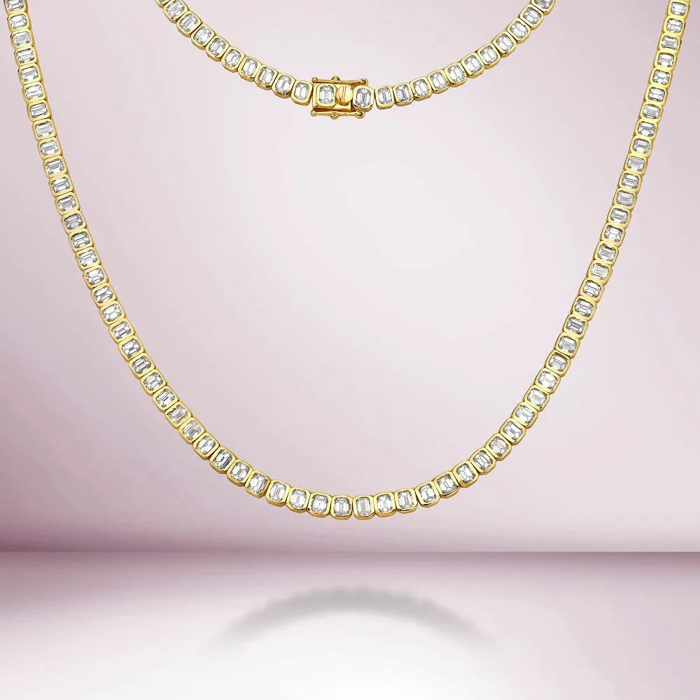 Emerald Cut Diamond Tennis Necklace (13.60 ct.) Bezel Set in 18K Gold