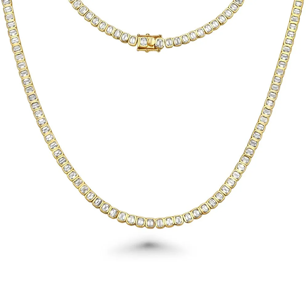 Emerald Cut Diamond Tennis Necklace (13.60 ct.) Bezel Set in 18K Gold