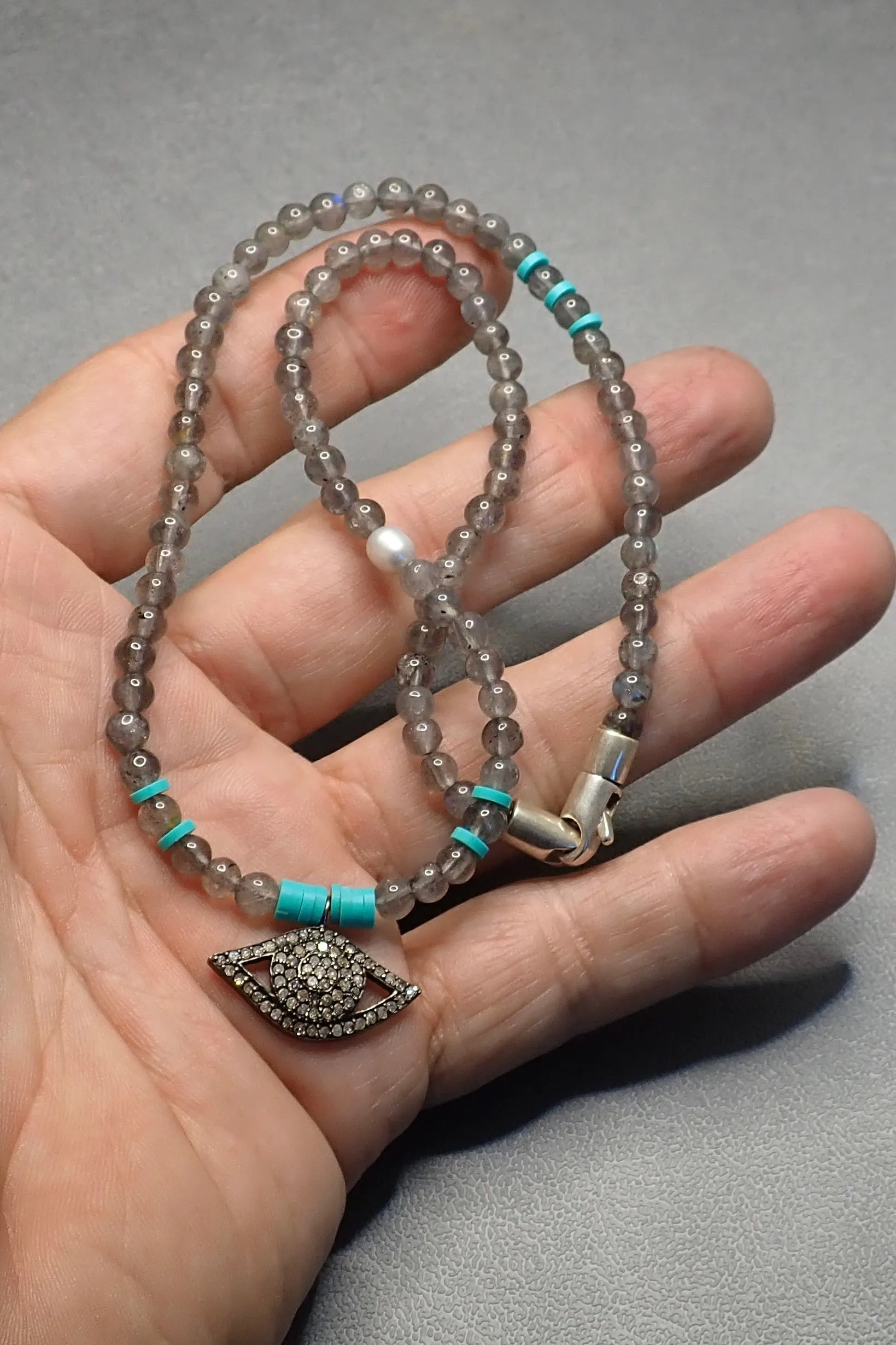 EVIL EYE LABRADORITE BEADED  NECKLACE