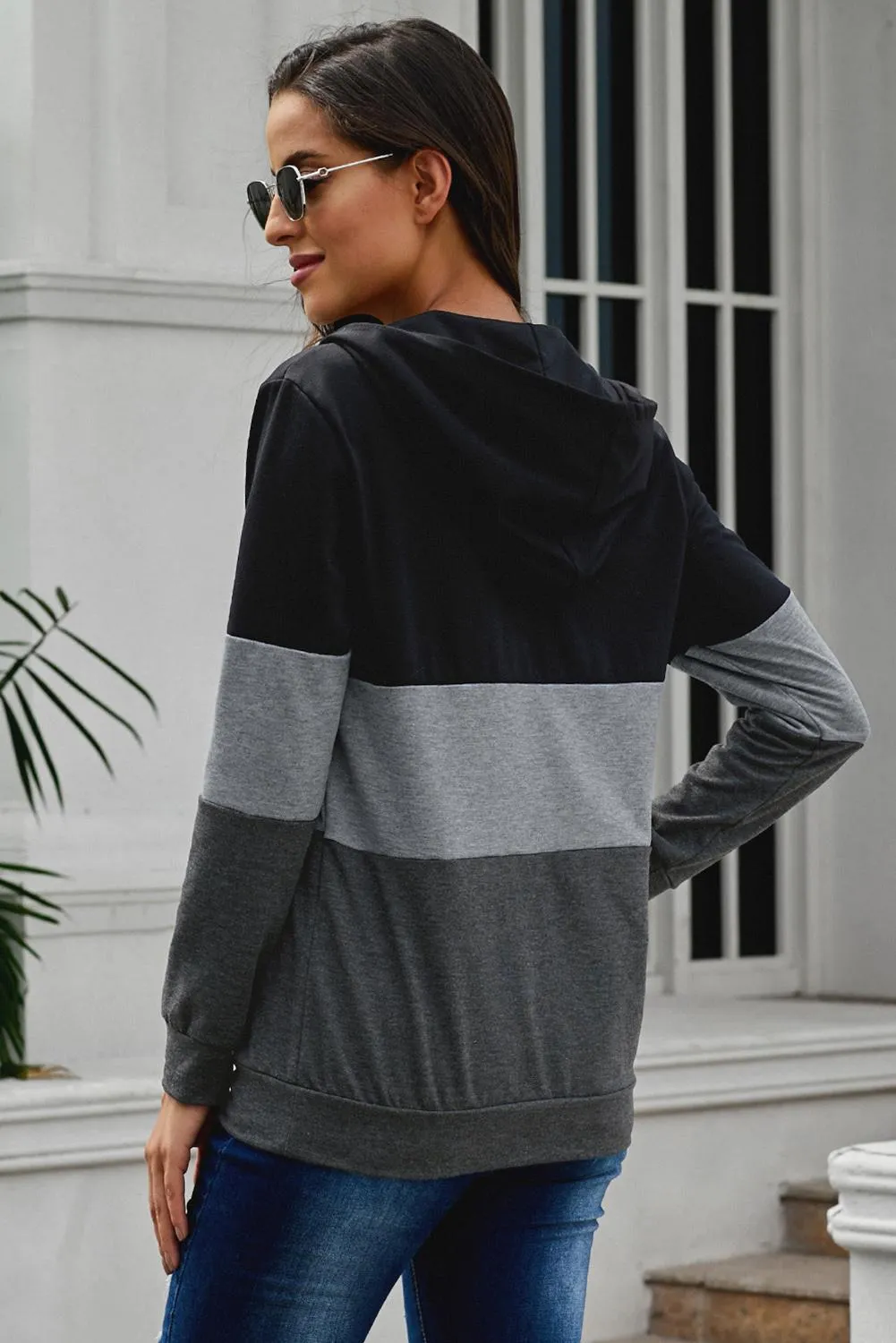 Fashion Black Color Block Zipped Neck Hoodie