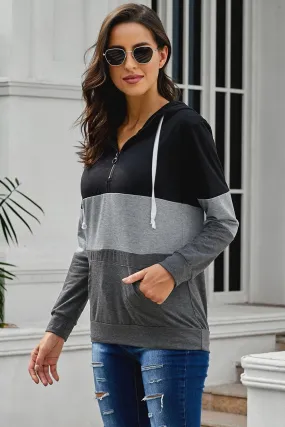 Fashion Black Color Block Zipped Neck Hoodie