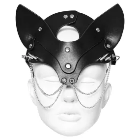 Feline Fatale: Adjustable Faux Leather Fox Mask with Exquisite Double Chains and Stud Decoration