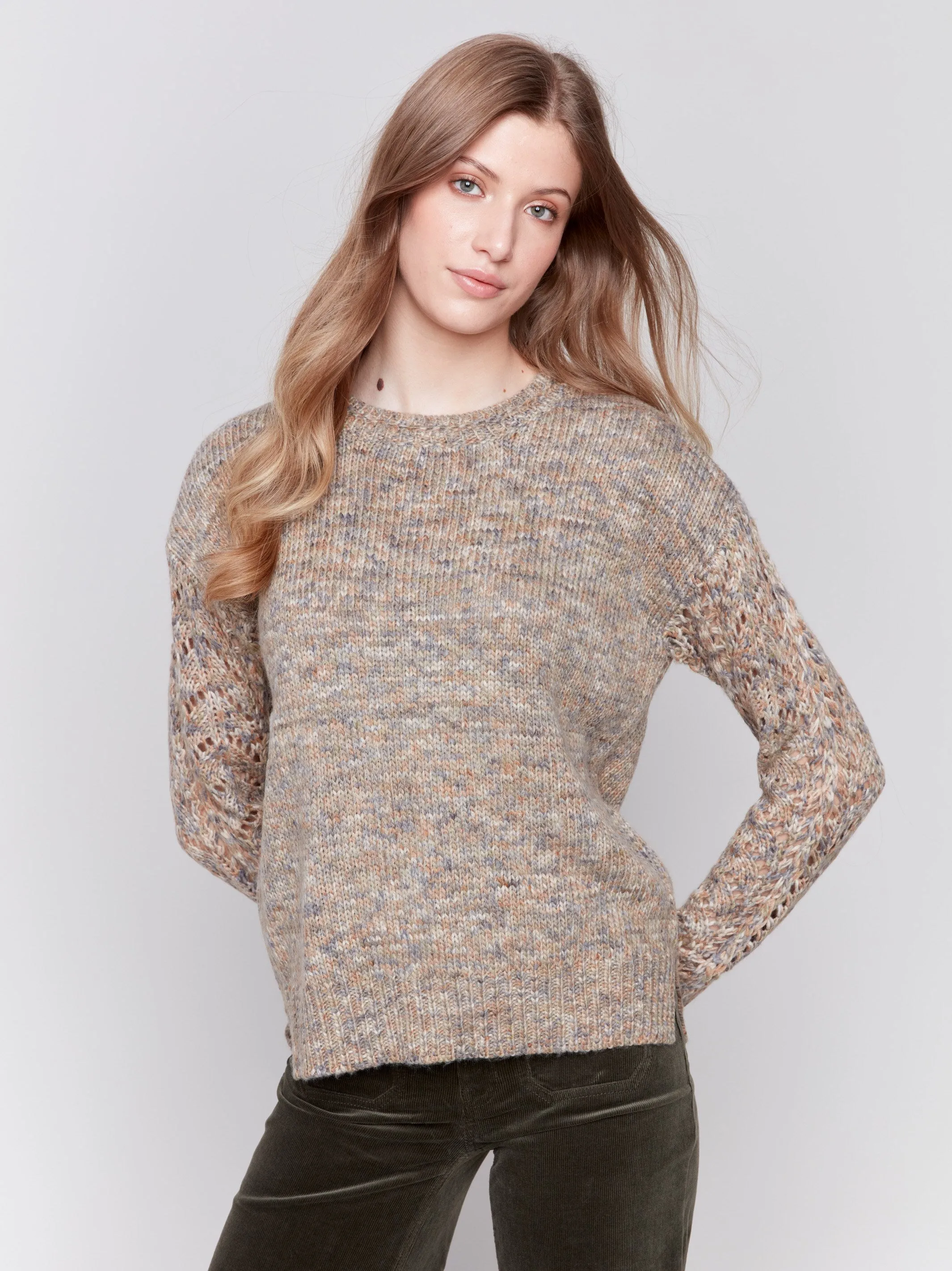 Fishnet Sleeve Crew Neck Sweater - Spruce