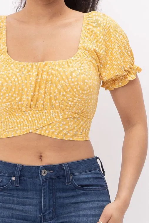 Floral Print Back Tie Crop Top - Yellow