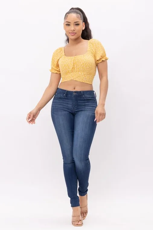 Floral Print Back Tie Crop Top - Yellow