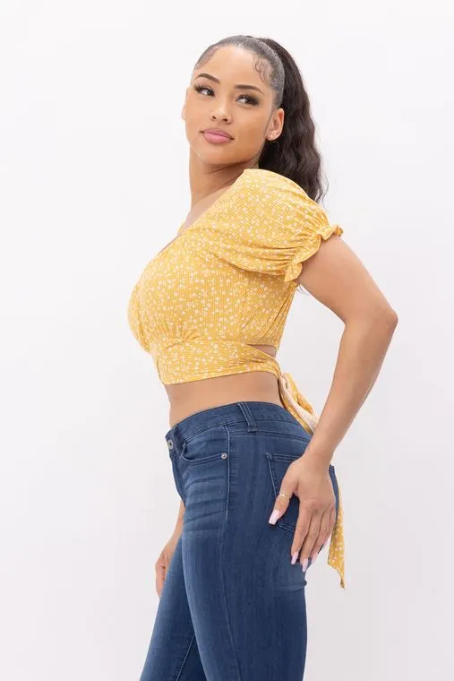 Floral Print Back Tie Crop Top - Yellow