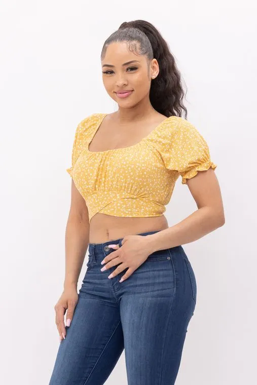 Floral Print Back Tie Crop Top - Yellow