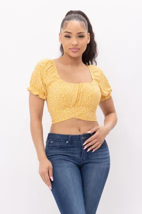 Floral Print Back Tie Crop Top - Yellow