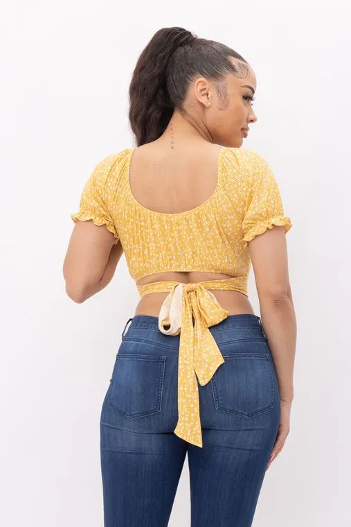 Floral Print Back Tie Crop Top - Yellow