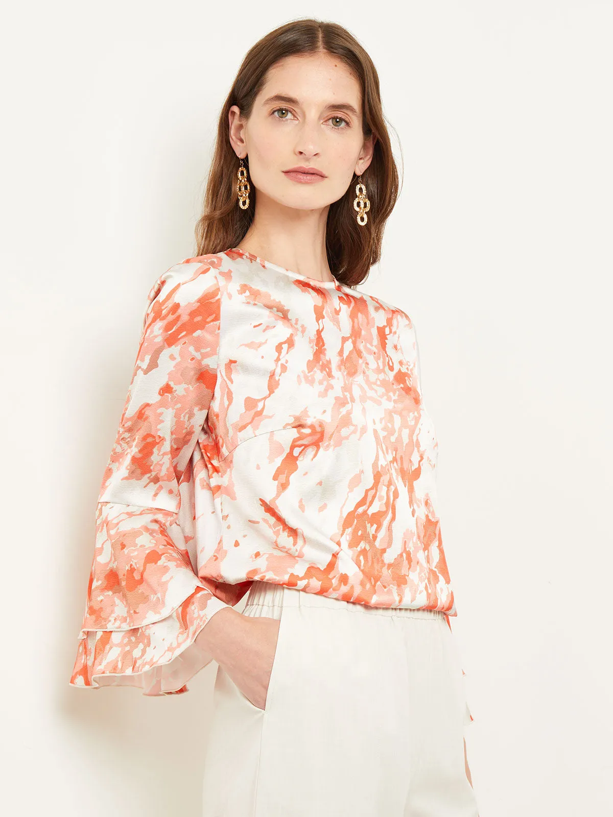 Flounce Sleeve Blouse - Jewel Neck Print Crepe de Chine