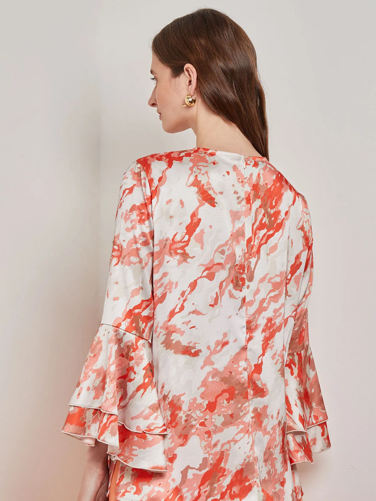 Flounce Sleeve Blouse - Jewel Neck Print Crepe de Chine