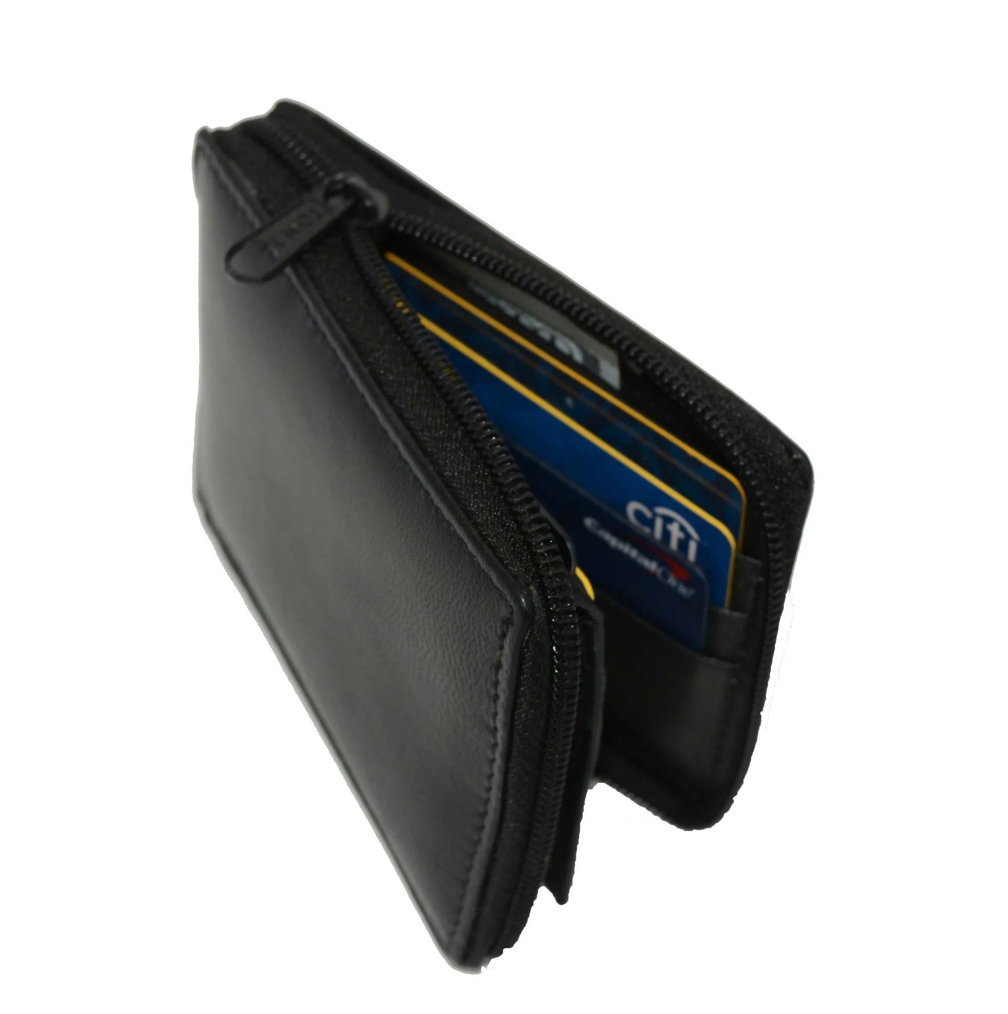 Genuine Flip ID Zipped Soft Leather Bifold Wallet - Black