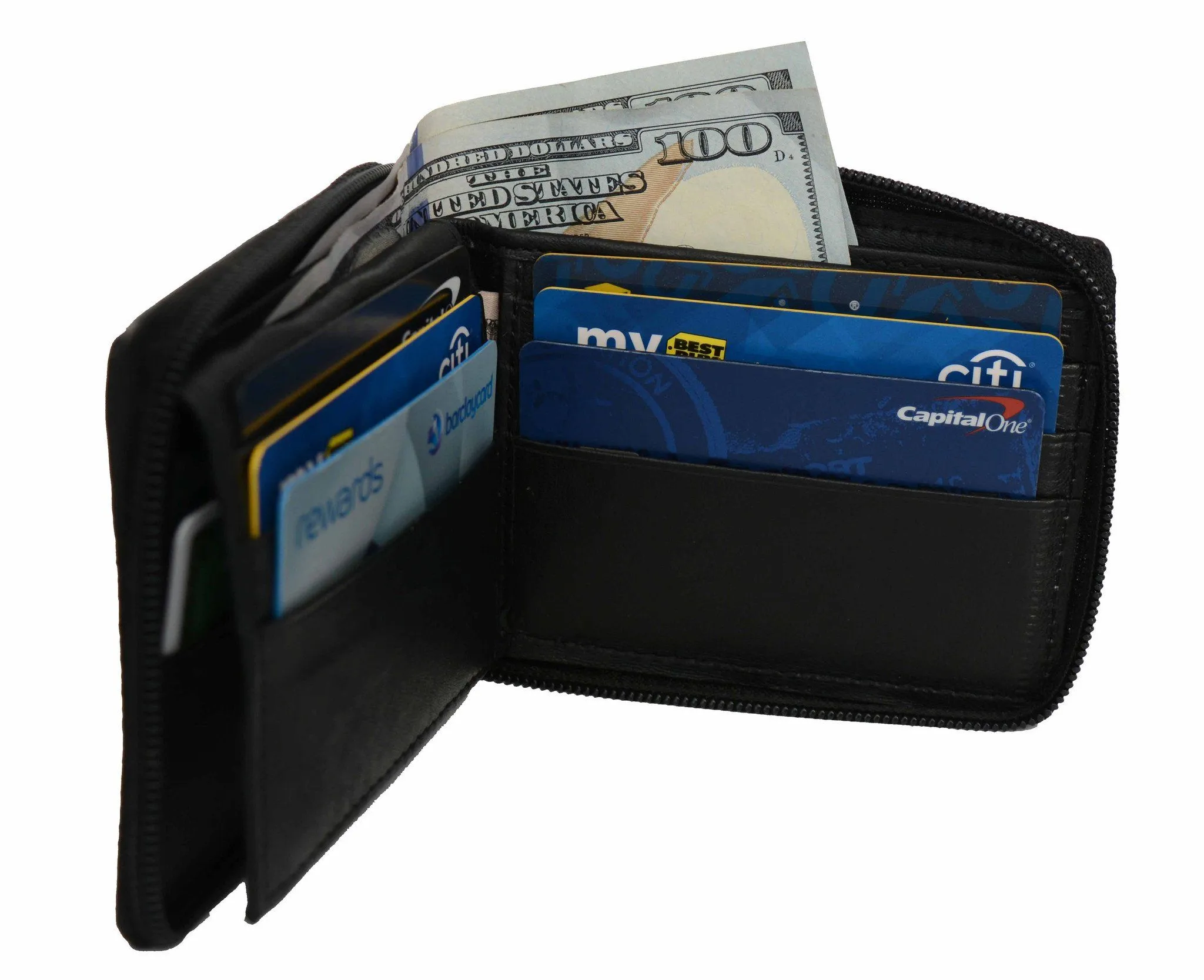 Genuine Flip ID Zipped Soft Leather Bifold Wallet - Black